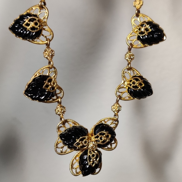 Signed Germany Filigree Hearts Black Molded Glass Necklace - Picture 4 of 15